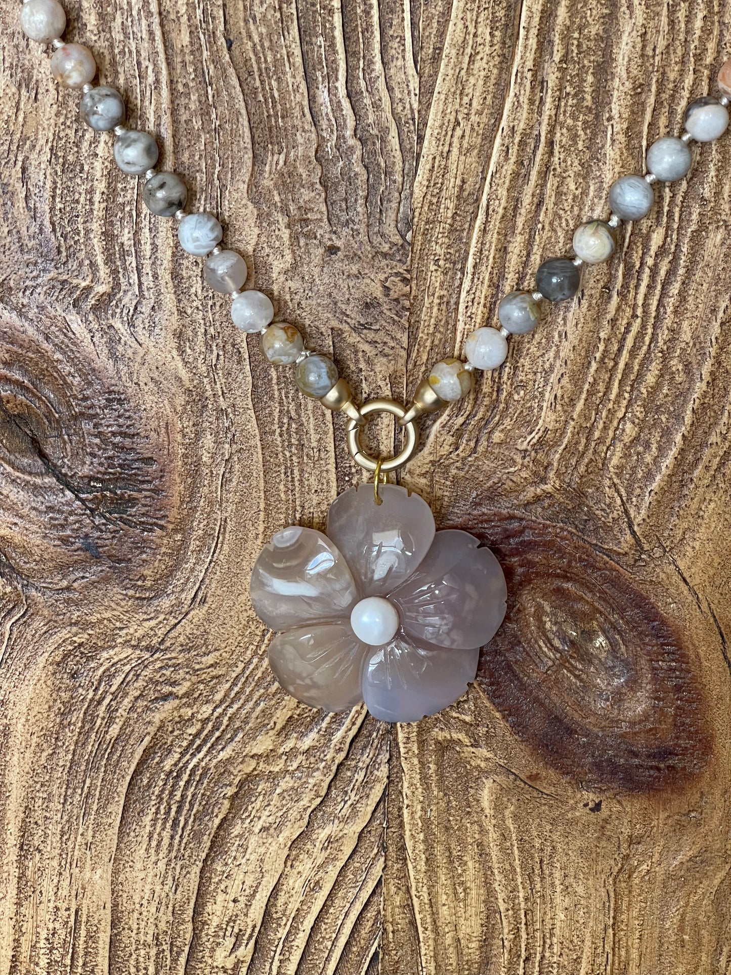 Waikiki Weekend Necklace: Bamboo Agate Hand Knotted w Flower Agate Hand Carved Pendant w Pearl