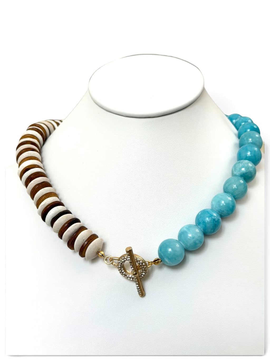 Sky & Timber Necklace: Ashanti glass, wood, and Jade with gold pavé clasp