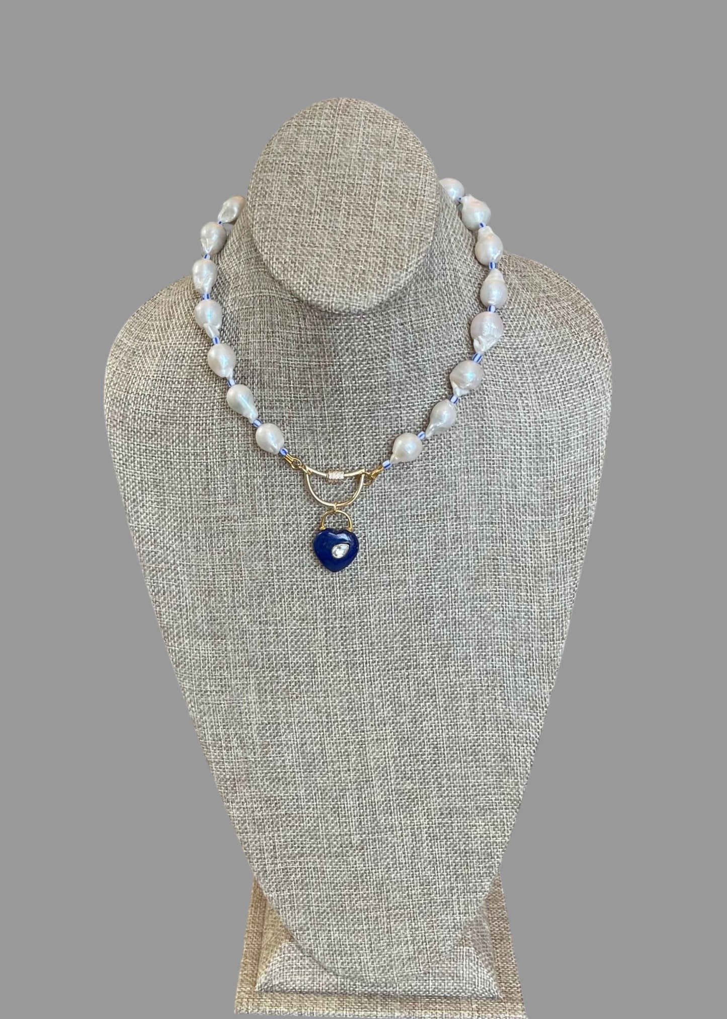 The Gabrielle Necklace: High Quality Baroque Pearls, Blue accent beads and a Lapis Lazuli Heart Pendant OOAK