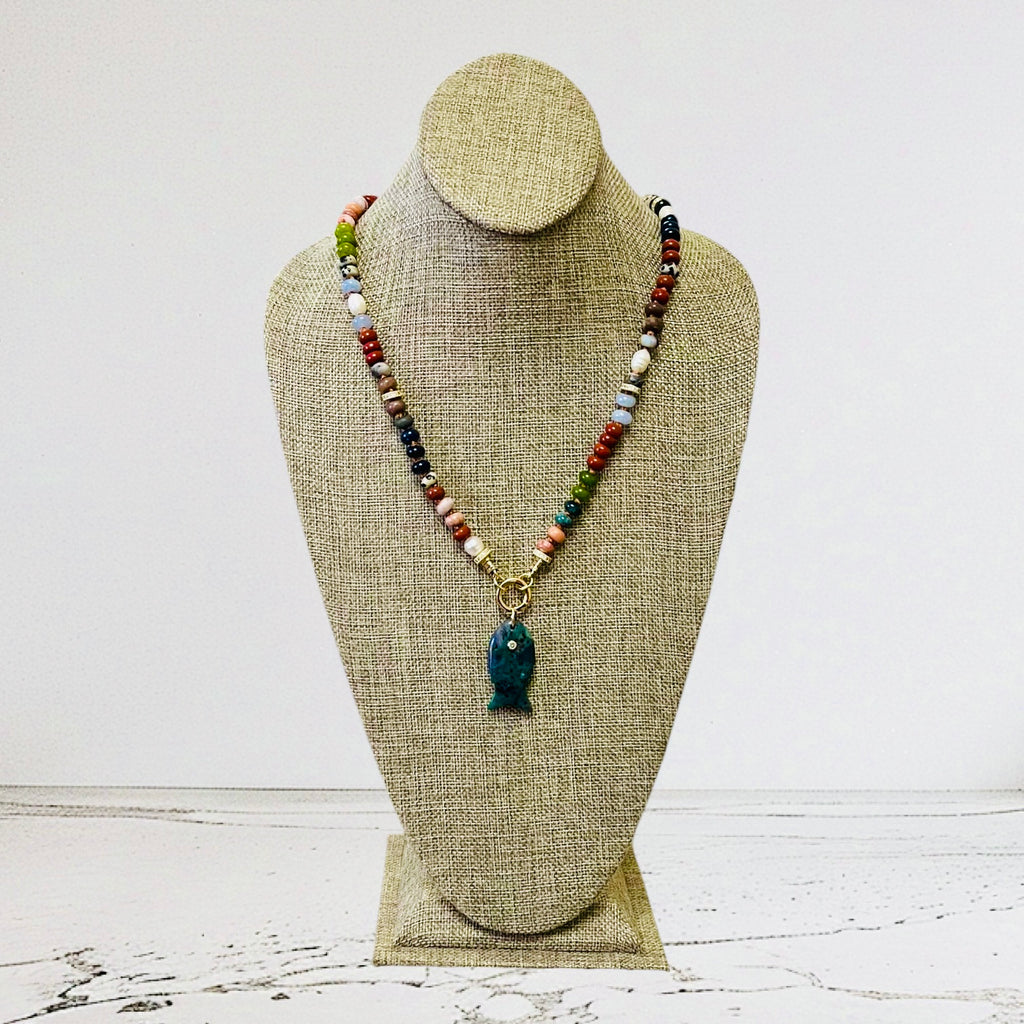 Reel Beauty 🎣 Mixed Gemstone necklace with Gold accents Gemstone fish pendant 4 options