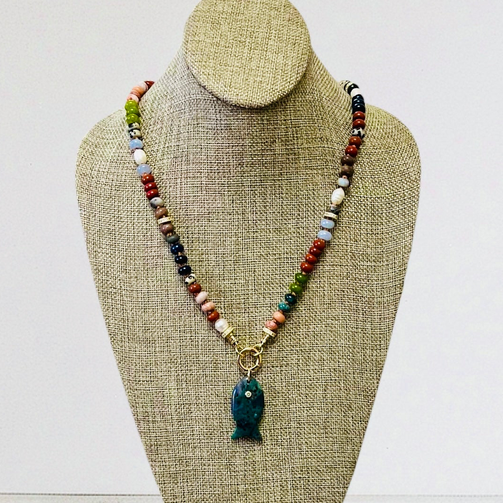 Reel Beauty 🎣 Mixed Gemstone necklace with Gold accents Gemstone fish pendant 4 options