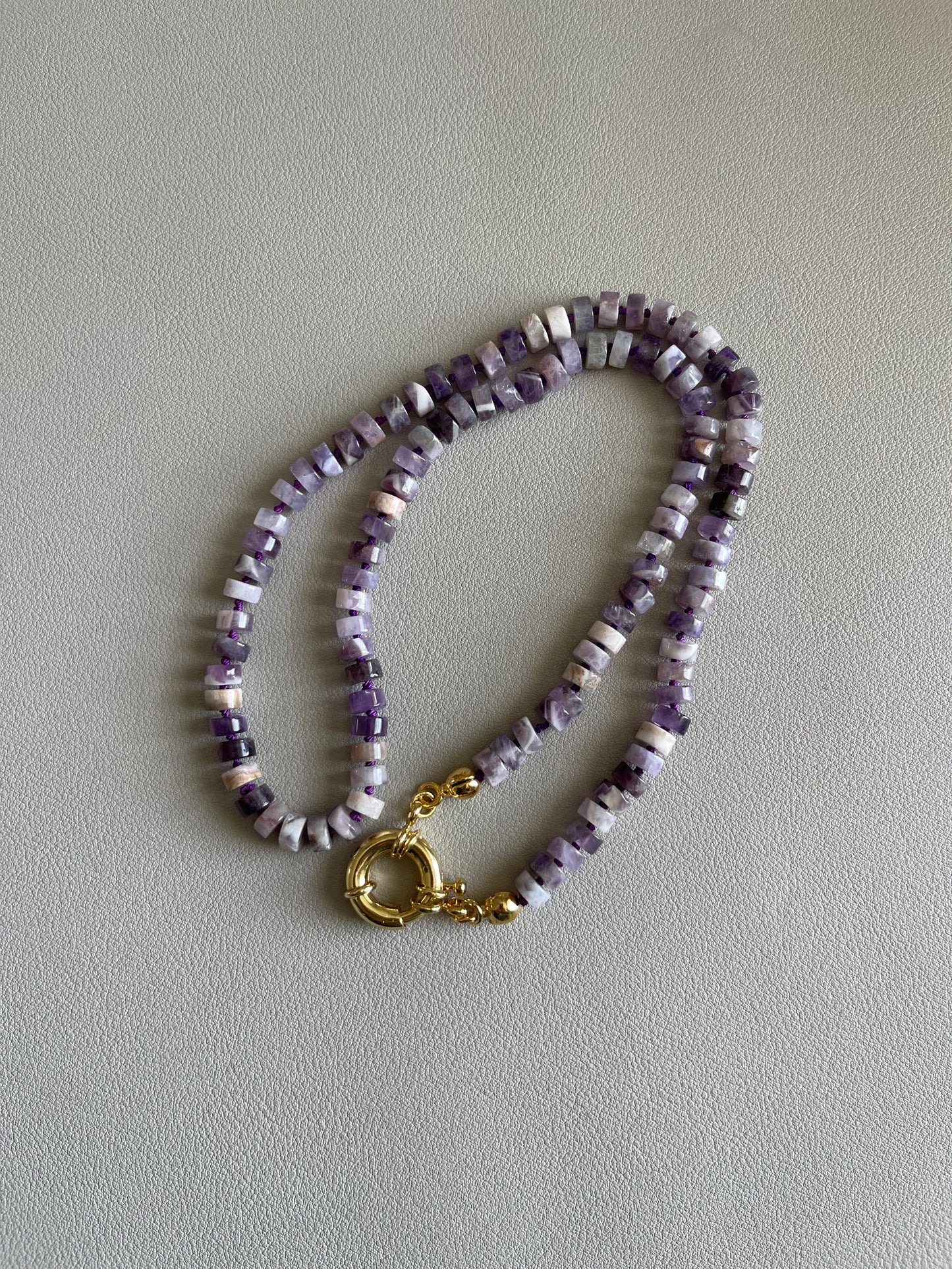 OOAK Raw Amethyst Tire Bead Necklace Hand-knotted