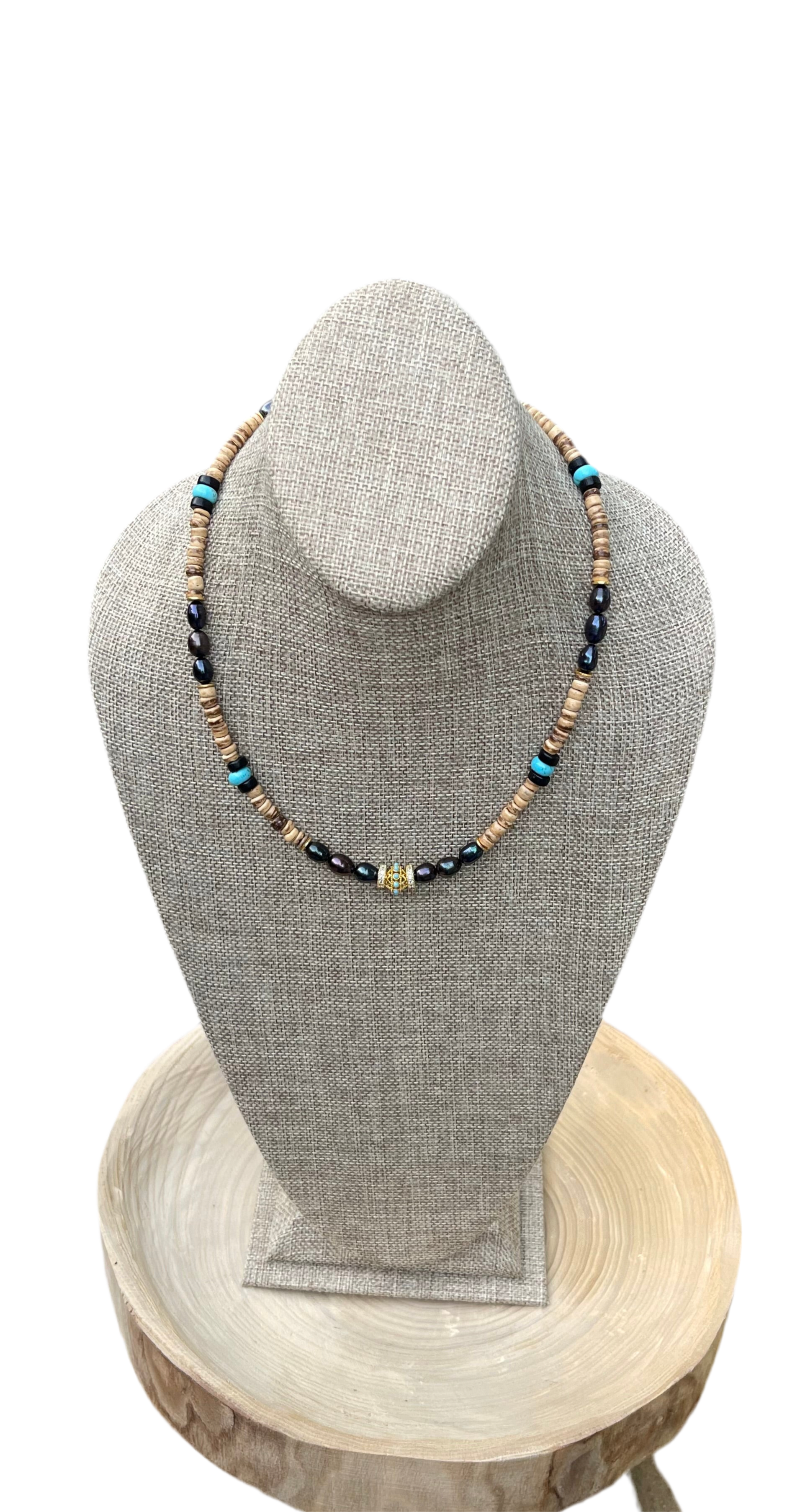 Coconut Midnight Pearl Necklace: Coconut Shell, Freshwater midnight Pearls, Turquoise & gold accents OOAK