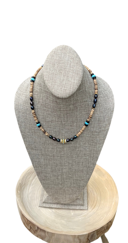 Coconut Midnight Pearl Necklace: Coconut Shell, Freshwater midnight Pearls, Turquoise & gold accents OOAK