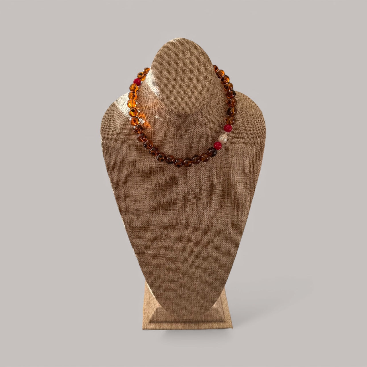 Tortoiseshell Holiday Collar: Resin beads with a natural Baroque Pearl and red glass beads Limited Edition