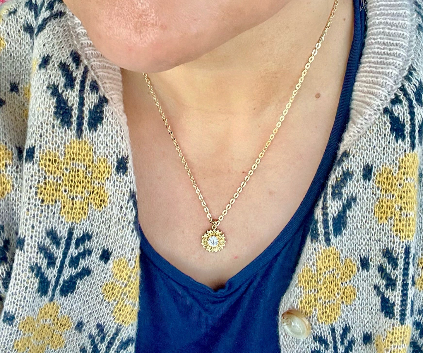 Golden Sunflower 🌻 Necklace: 14k Gold Filled Chain, CZ Center Charm & Clasp