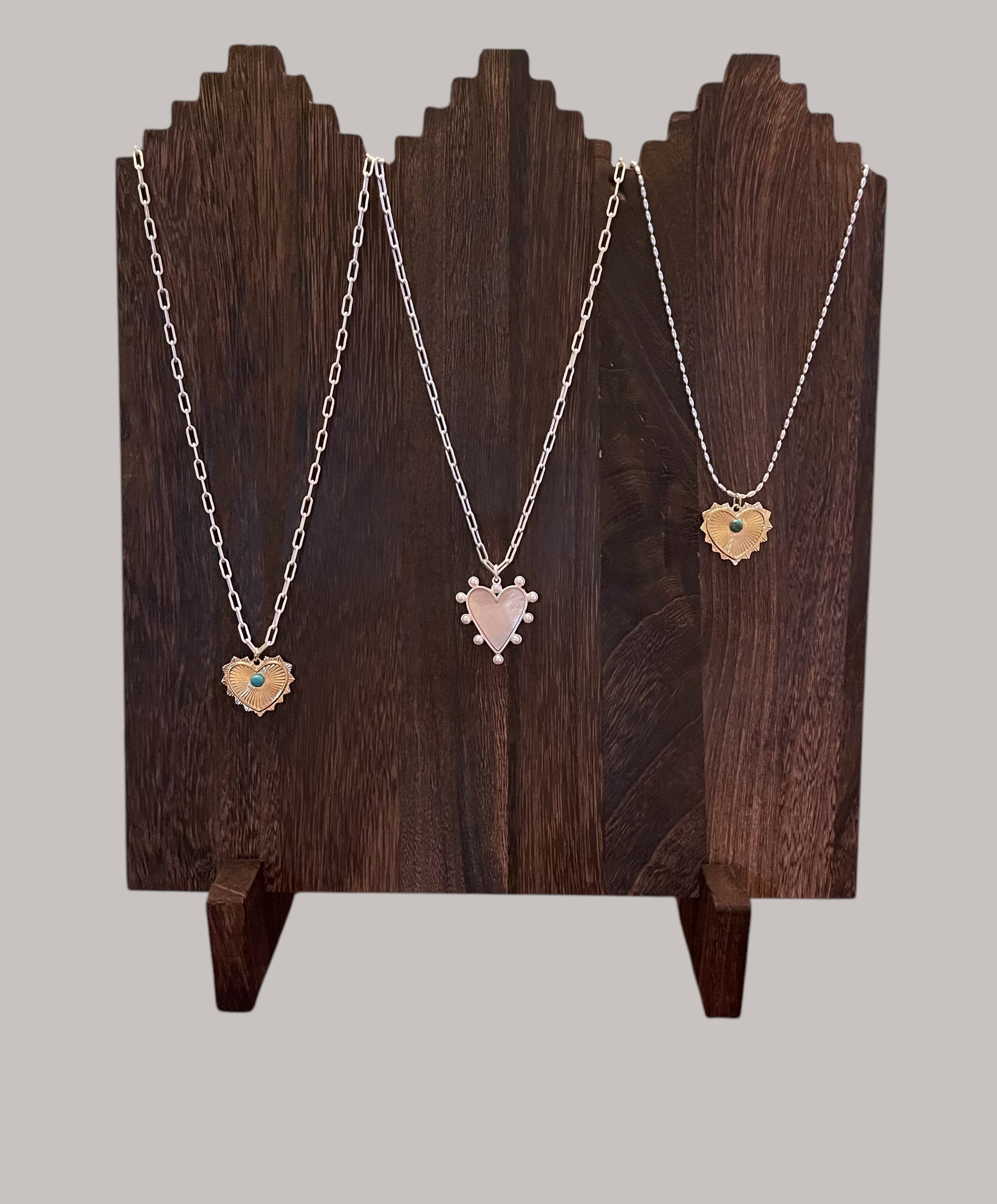 The Sierra Necklace: OOAK Sterling Silver rice shaped chain with a gold heart pendant sporting a genuine turquoise stone centerpiece