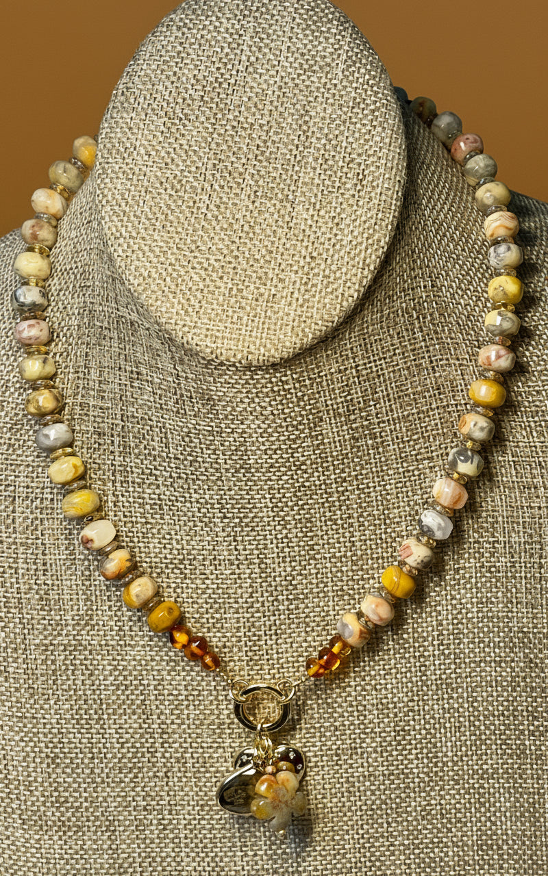 Autumn’s Embrace Necklace: Crazy Lace Agate natural stones in warm tones, Accented w Czech glass, Baltic stones and Gold charms
