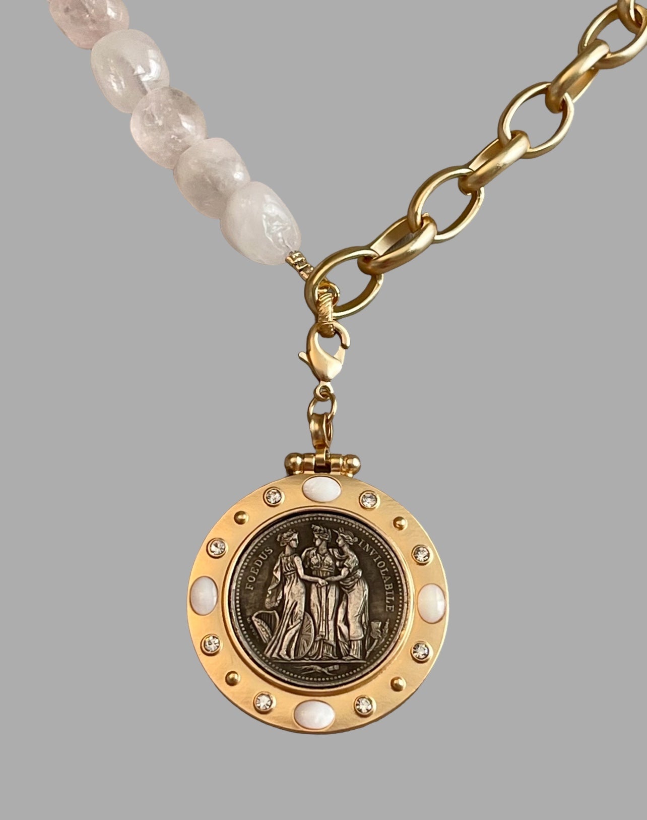 The Six Way Necklace: Rose Quartz and Brushed Gold Chain Duo with Greek Three Graces Replica Coin Pendant