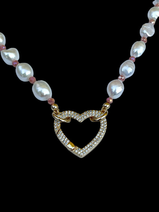 OOAK Pearls For Rose Necklace: Freshwater Pearls with Rose Pink Crystal accent beads and a Gold Filled Heart Clasp