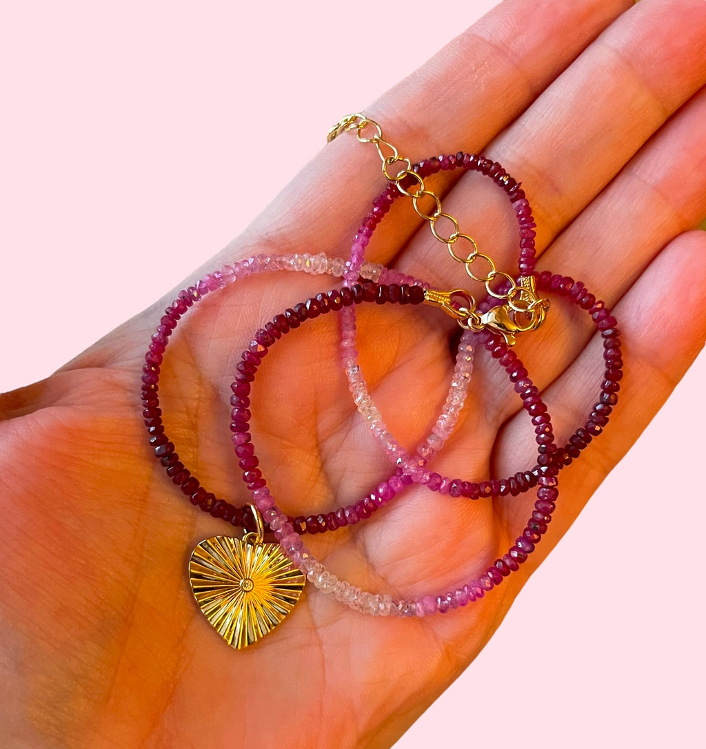 Gradient Ruby Necklace: Natural authentic Ruby gemstone necklace w/ gold heart charm and gold filled lobster clasp OOAK