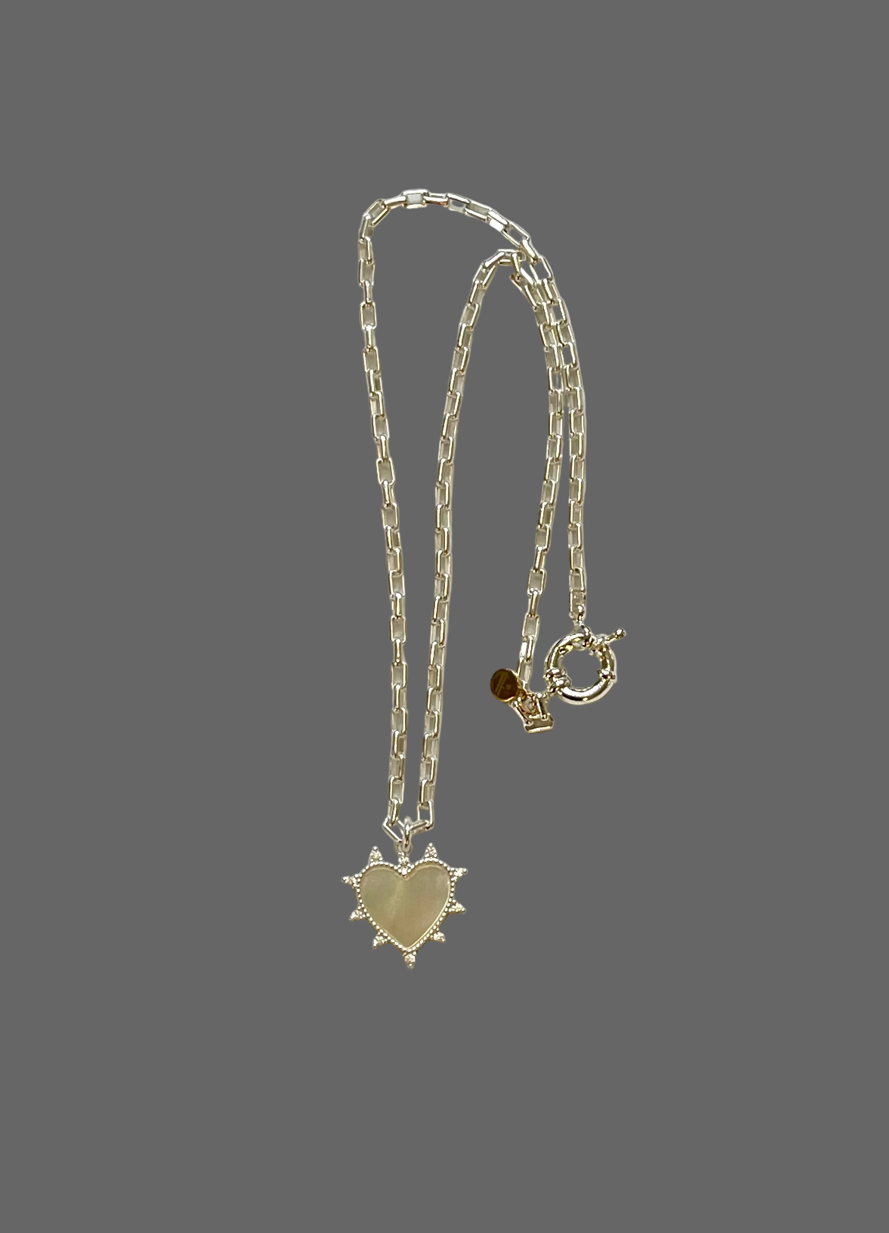 Radiant Heart Necklace: Matte Silver Chain with Mother of Pearl/CZ Heart Charm