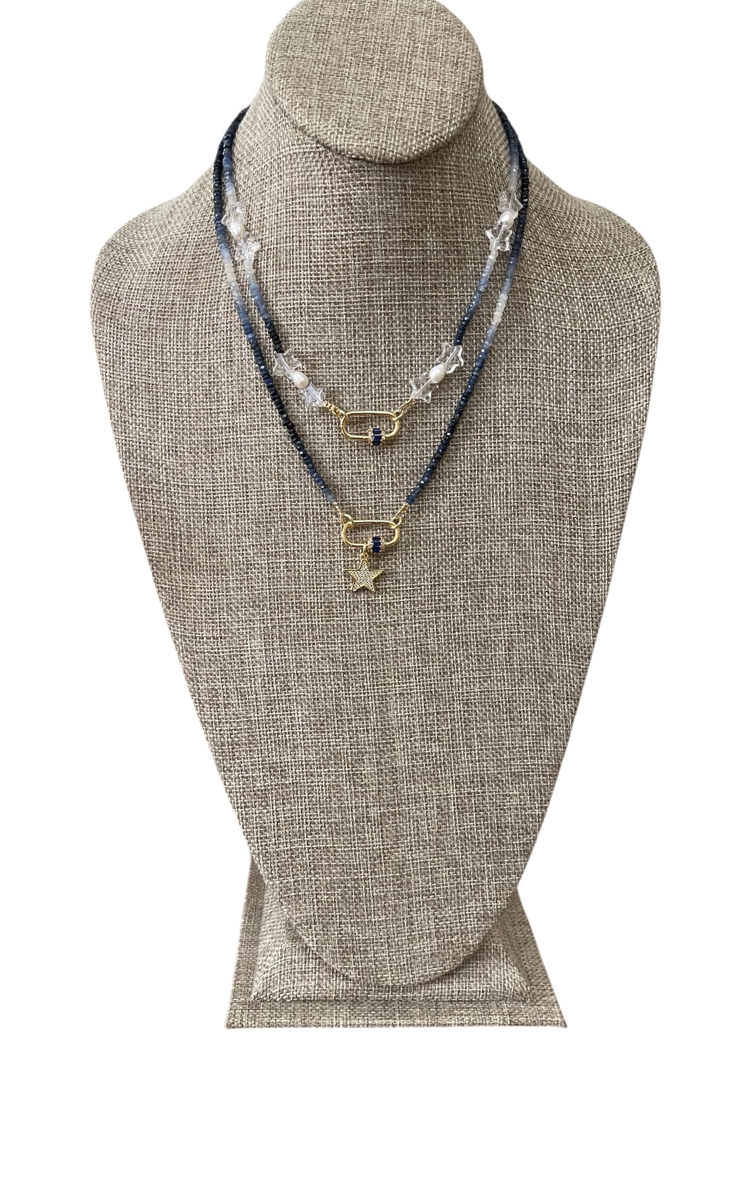 Starlight Path Necklace: Faceted Sapphire Gemstone beads in an ombré pattern, Gold carabiner with deep blue CZ’s, Gold pavé star charm OOAK