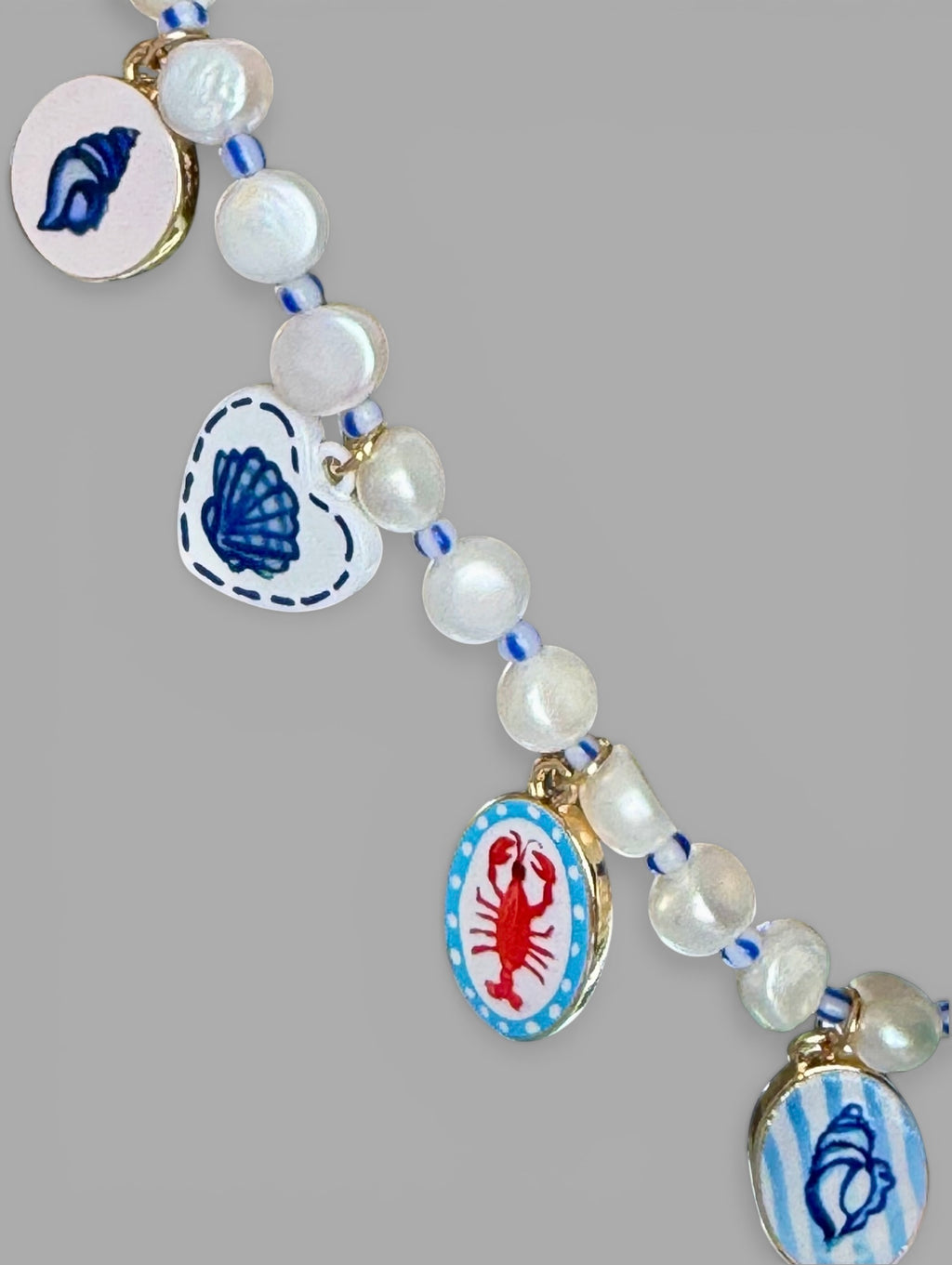 The Salt & Story Necklace: Freshwater Pearls, striped seed beads & Cloisonné charms OOAK