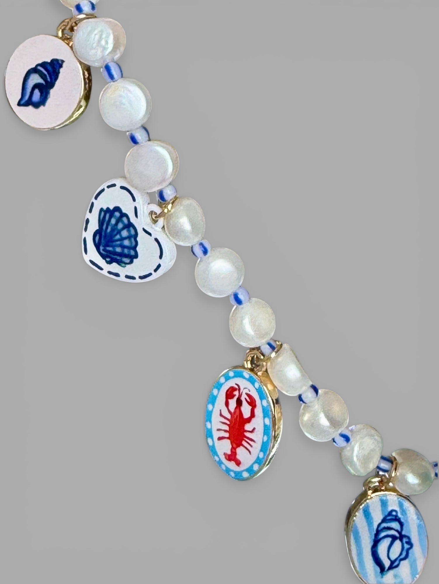 The Salt & Story Necklace: Freshwater Pearls, striped seed beads & Cloisonné charms OOAK