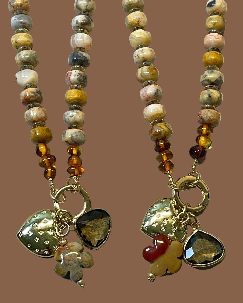 Autumn’s Embrace Necklace: Crazy Lace Agate natural stones in warm tones, Accented w Czech glass, Baltic stones and Gold charms