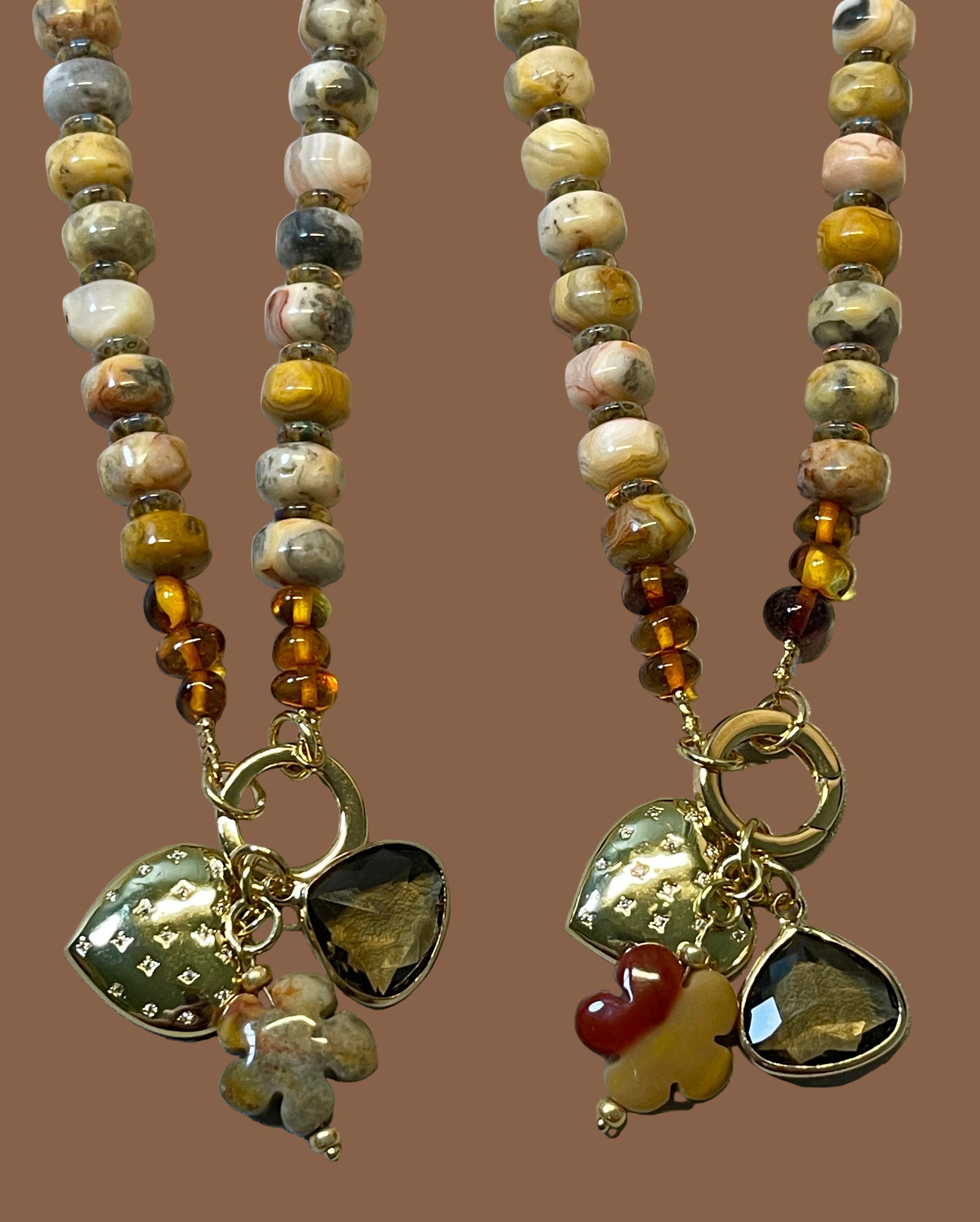 Autumn’s Embrace Necklace: Crazy Lace Agate natural stones in warm tones, Accented w Czech glass, Baltic stones and Gold charms