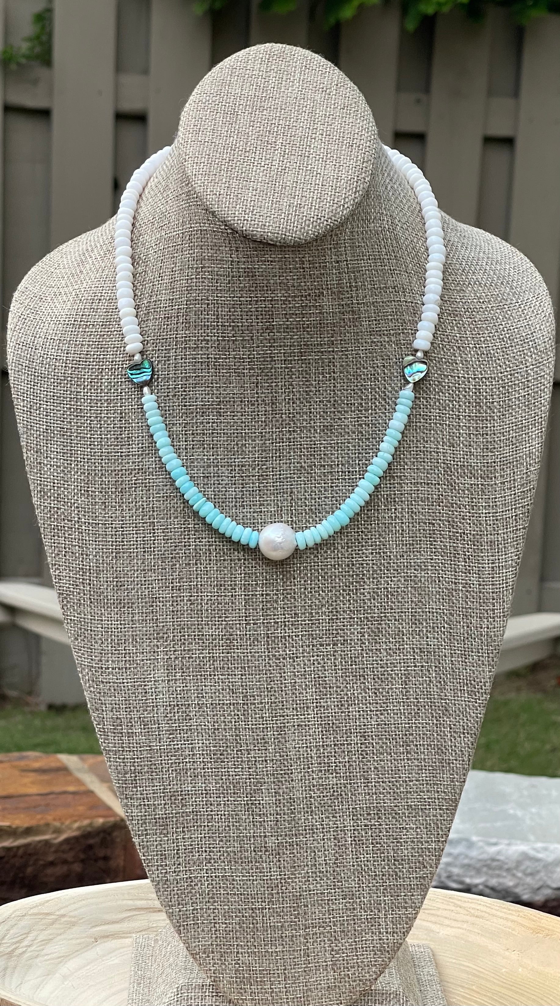 Abalone Hearts Necklace:Peruvian blue &white Opals Abalone shell 🩵 Baroque Pearl OOAK