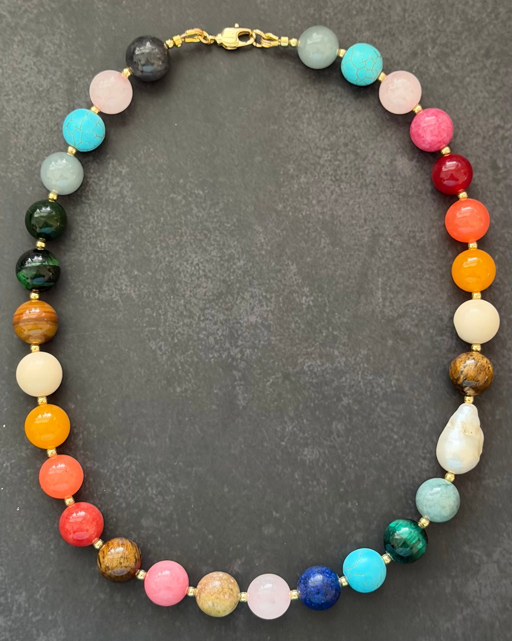 The Storyteller Necklace: Multi-Color Gemstones with a Baroque Pearl