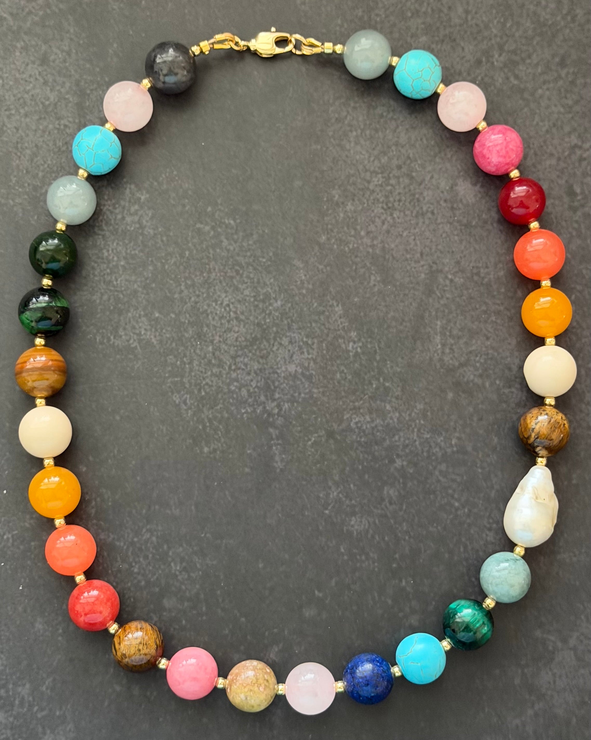 The Storyteller Necklace: Multi-Color Gemstones with a Baroque Pearl