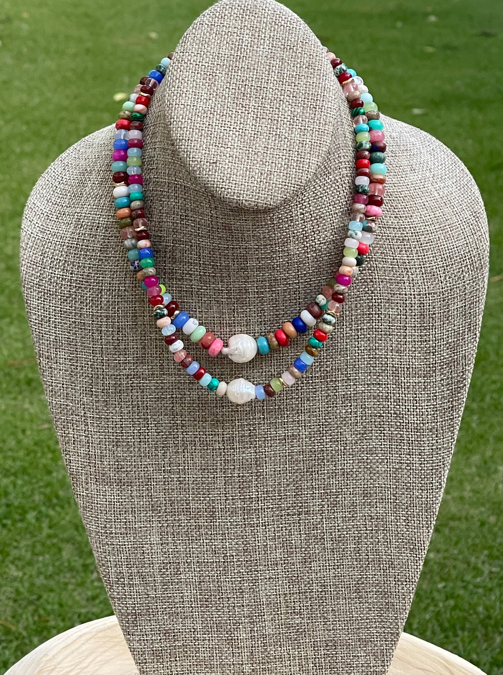 Joie Necklace: Colorful Mix of Natural Gemstones Gold Accent Beads and a Freshwater Baroque Pearl 2 Bead Size Options 6mm or 8mm