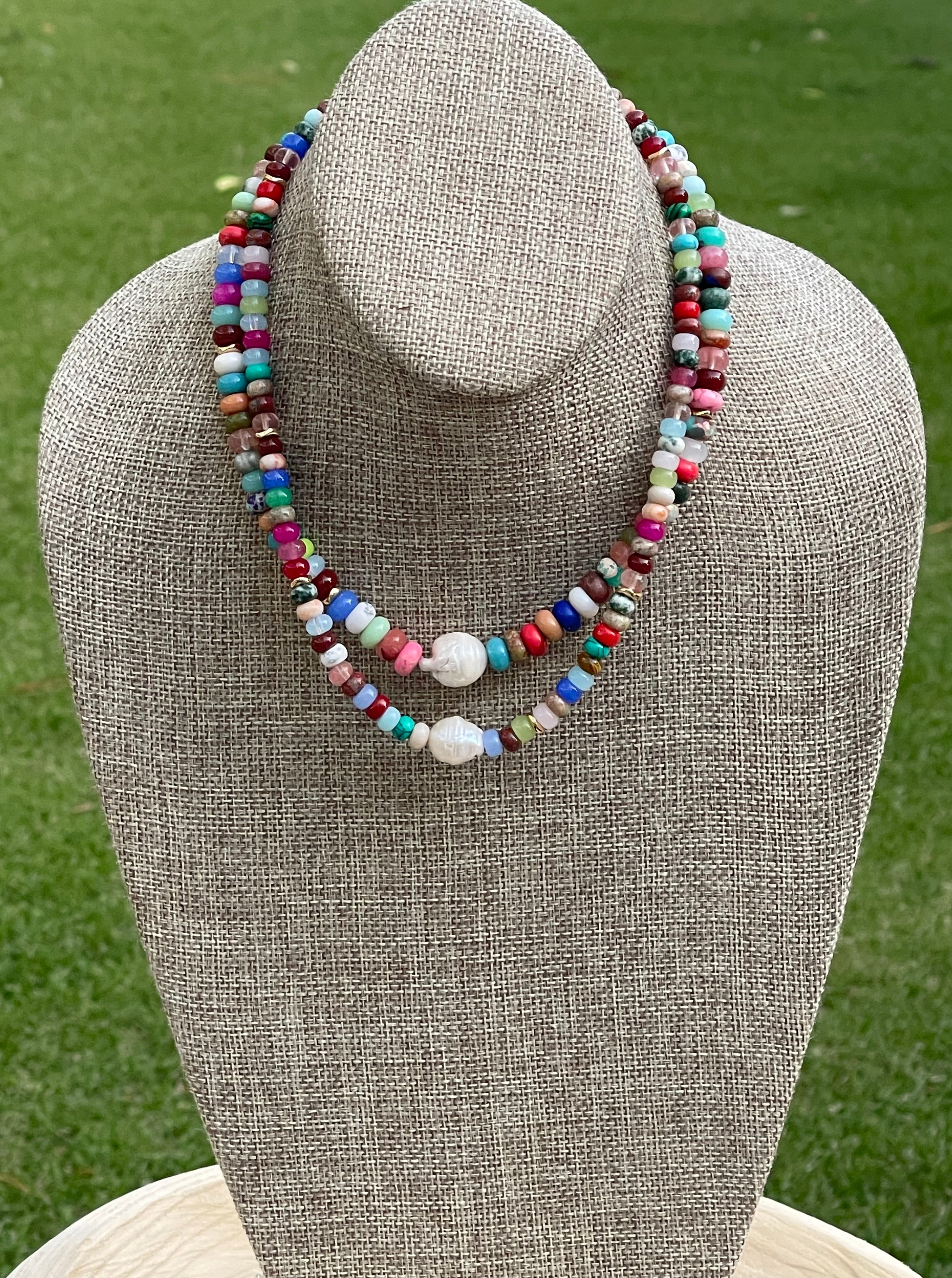 Joie Necklace: Colorful Mix of Natural Gemstones Gold Accent Beads and a Freshwater Baroque Pearl 2 Bead Size Options 6mm or 8mm