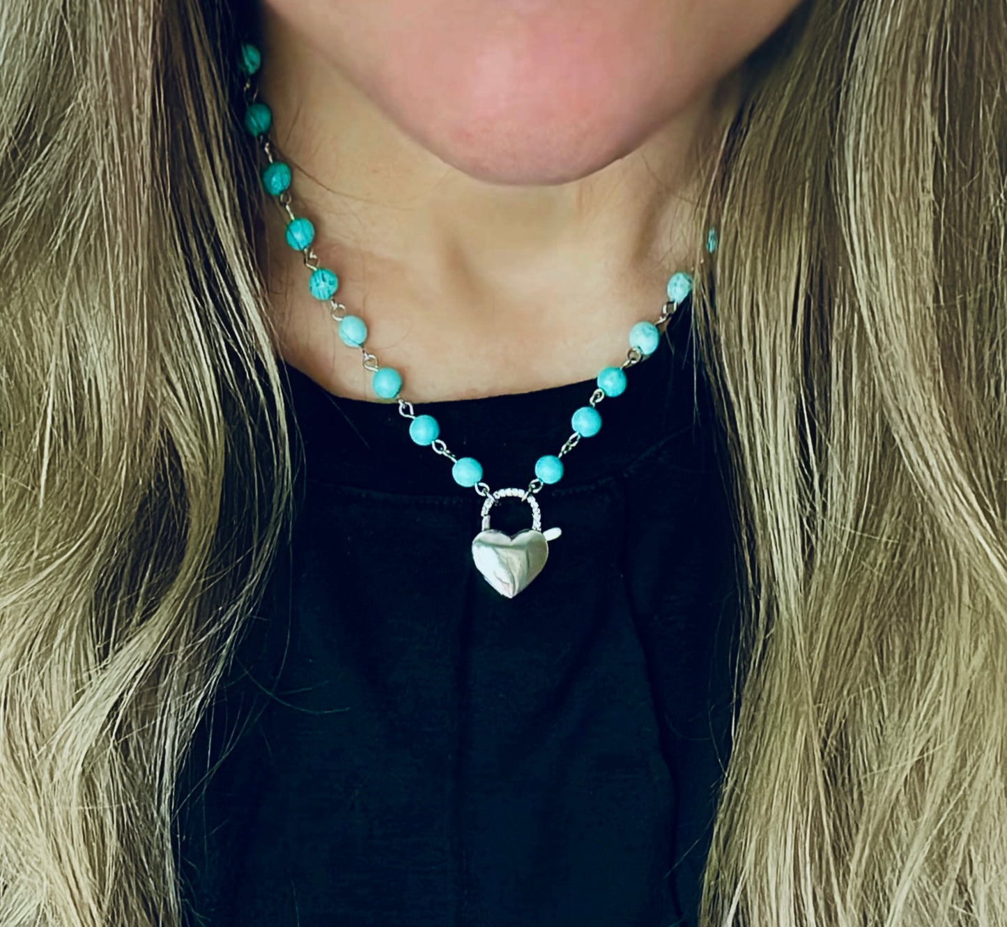 Petite Turquoise Heartbeat Necklace: 6mm Turquoise bead-n-link chain with Silver padlock style clasp charm