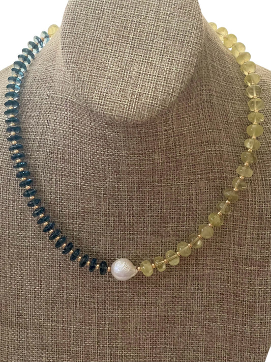 Lemon London Necklace: Lemon Quartz and London Blue Topaz Gemstone Beads Gold Accents Baroque Pearl Center OOAK