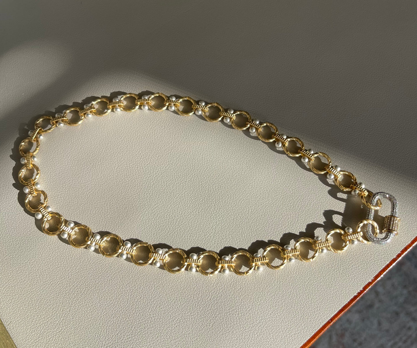 Park Ave Necklace: Brushed Gold Circle Chain w Silver accents and Pavé Mixed Metal Carabiner Clasp