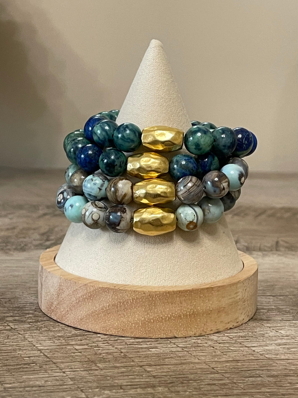 Painted Sky Stretch Bracelet: Blue Crazy Lace Agate beads with Gold hammered Artisan barrel bead