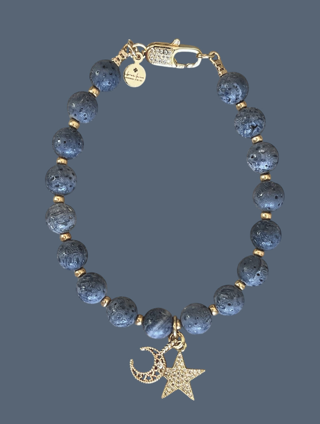The Celestial Bracelet: Indonesian Coral beads perfect for essential oil diffusing, Gold charms with CZ accents