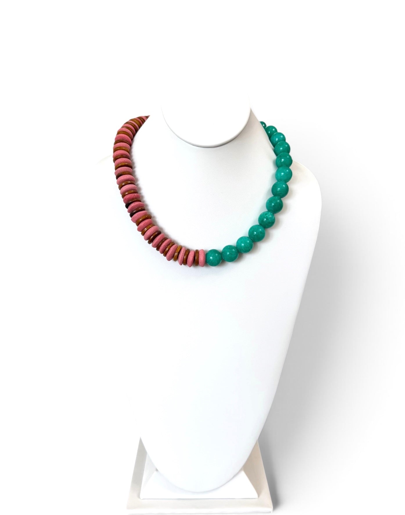 Freshly Picked Necklace: Ashanti glass, wood and Jade with a gold pavé clasp