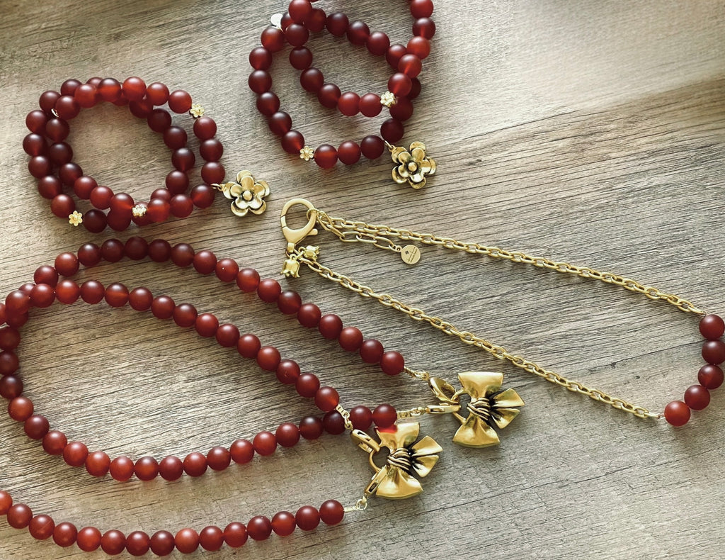 Matte Carnelian Bead Bar Chain: 24k gold chain with bead bar center OOAK