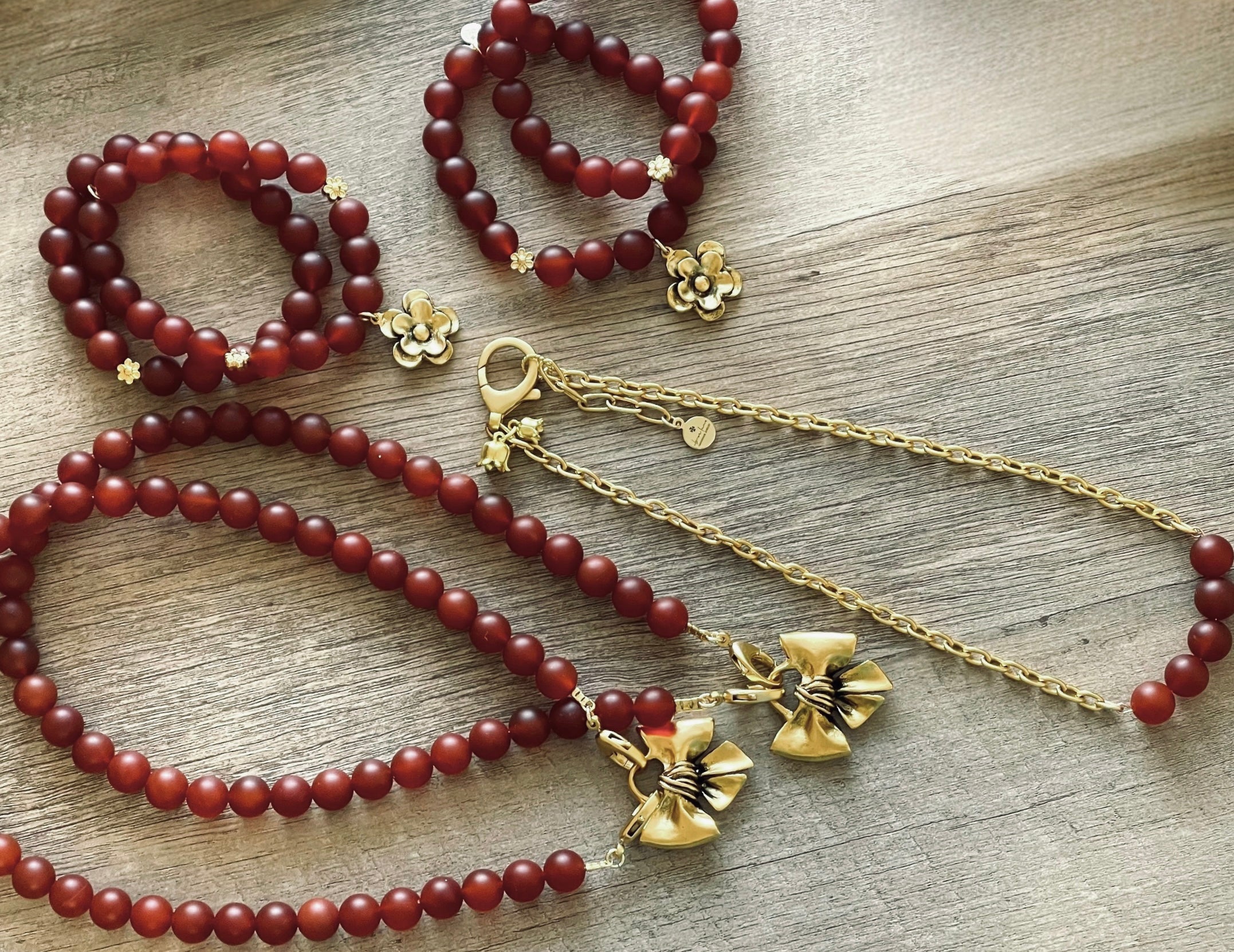 Matte Carnelian Bead Bar Chain: 24k gold chain with bead bar center OOAK