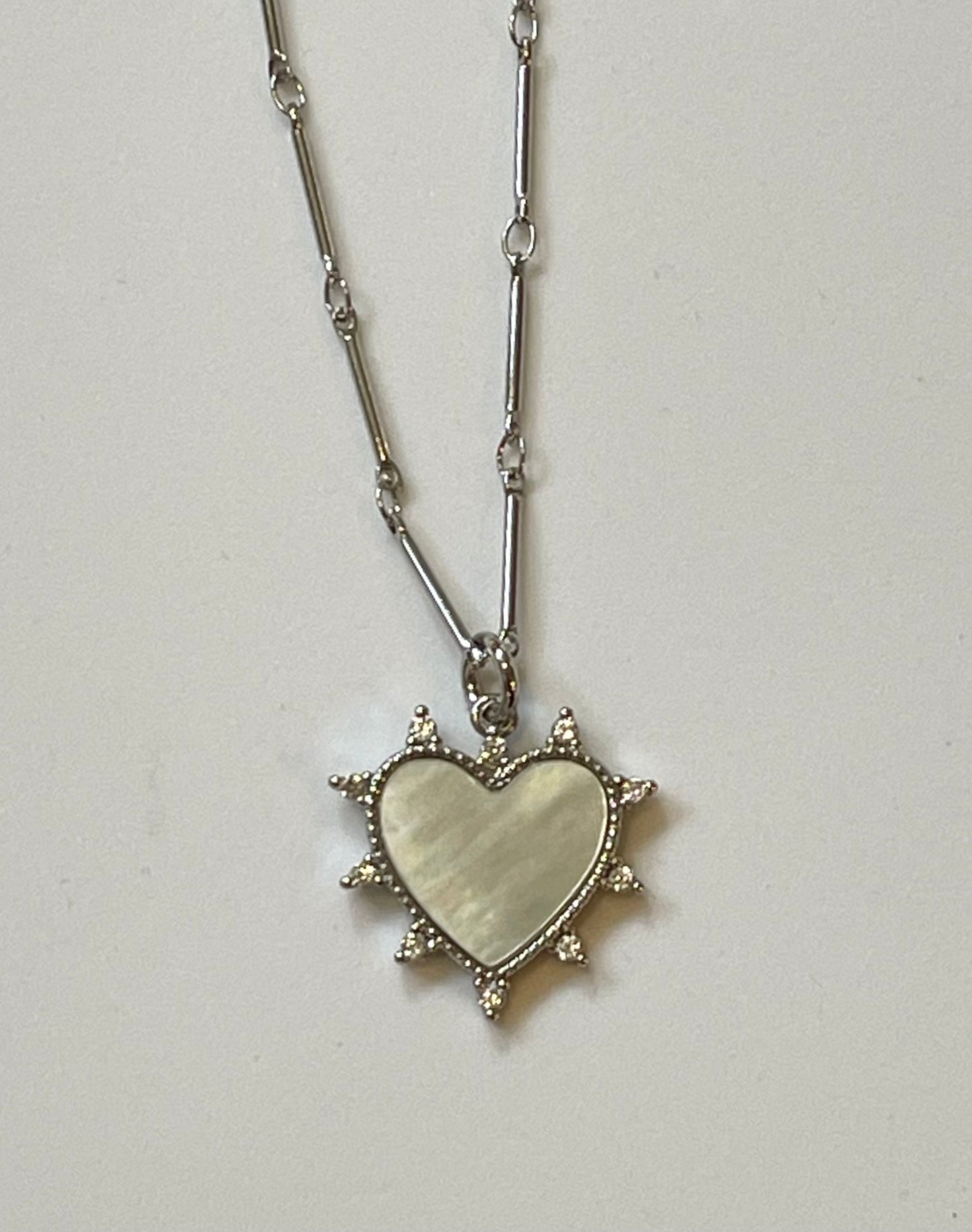 Shimmering Shana Necklace: OOAK Rhodium Silver Mother of Pearl/CZ Heart