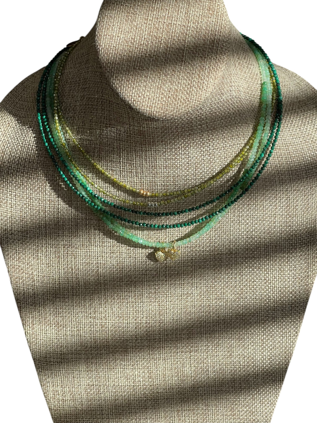 Chrysoprase Tiny Heart Skinnie: gradient Chrysoprase faceted 3mm beads Gold Pavé heart charm and gold clasp