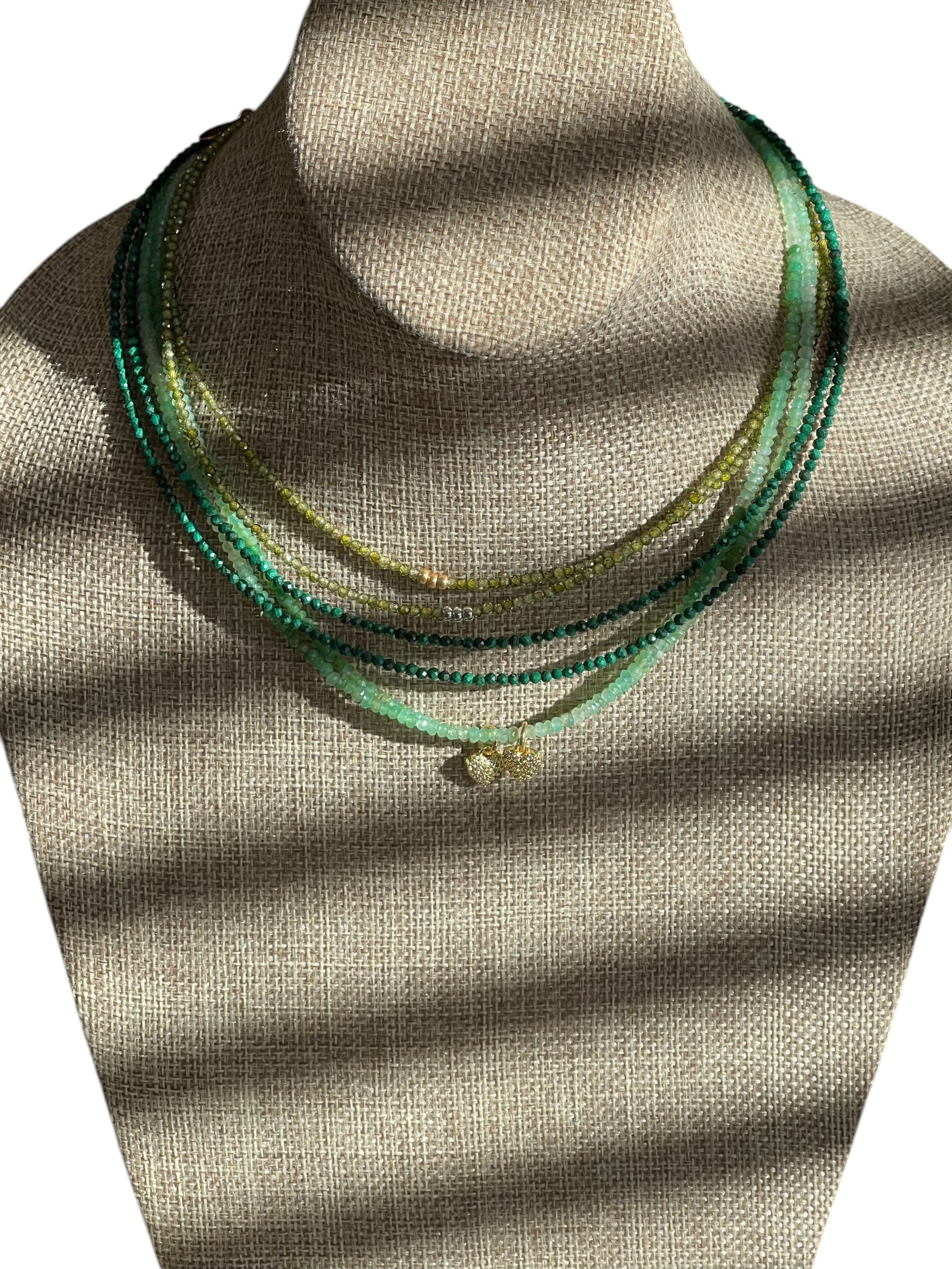 Chrysoprase Tiny Heart Skinnie: gradient Chrysoprase faceted 3mm beads Gold Pavé heart charm and gold clasp