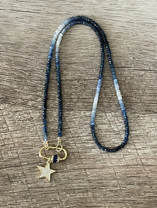 Starlight Path Necklace: Faceted Sapphire Gemstone beads in an ombré pattern, Gold carabiner with deep blue CZ’s, Gold pavé star charm OOAK