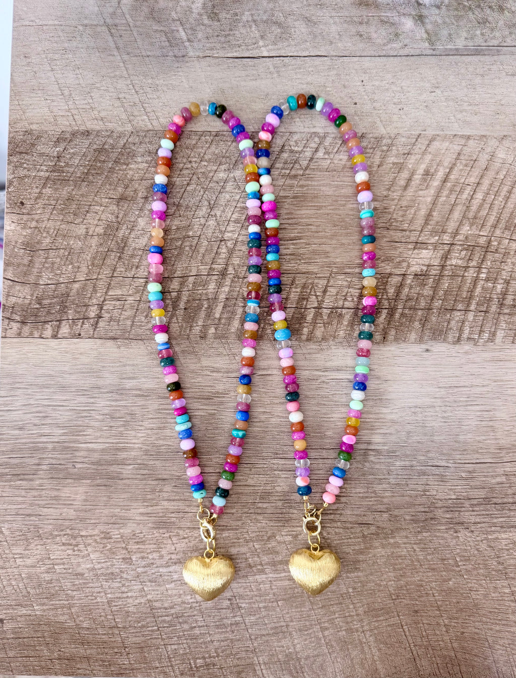 Colorful Claire Necklace: Mixed gemstones and a textured puffed heart pendant
