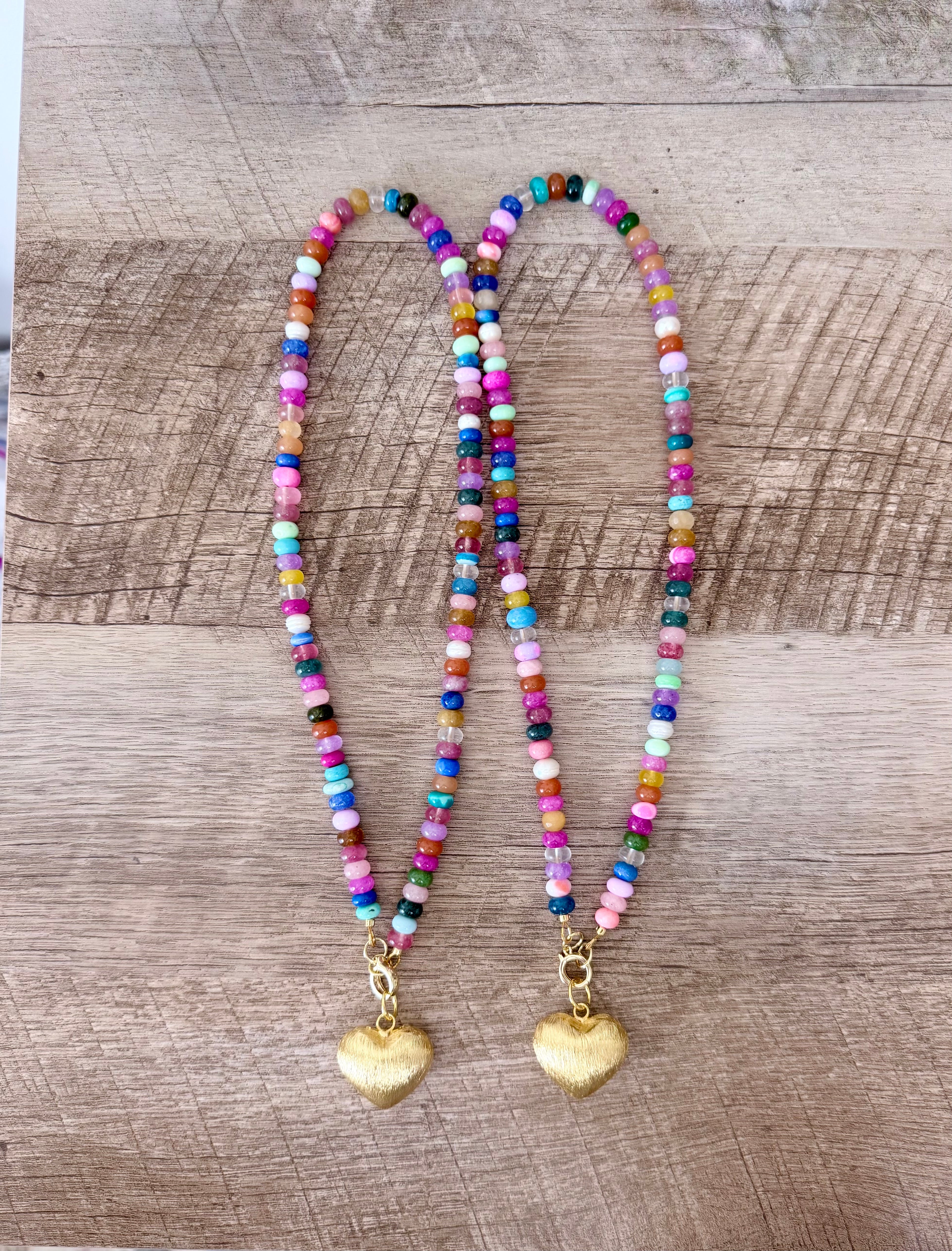 Colorful Claire Necklace: Mixed gemstones and a textured puffed heart pendant