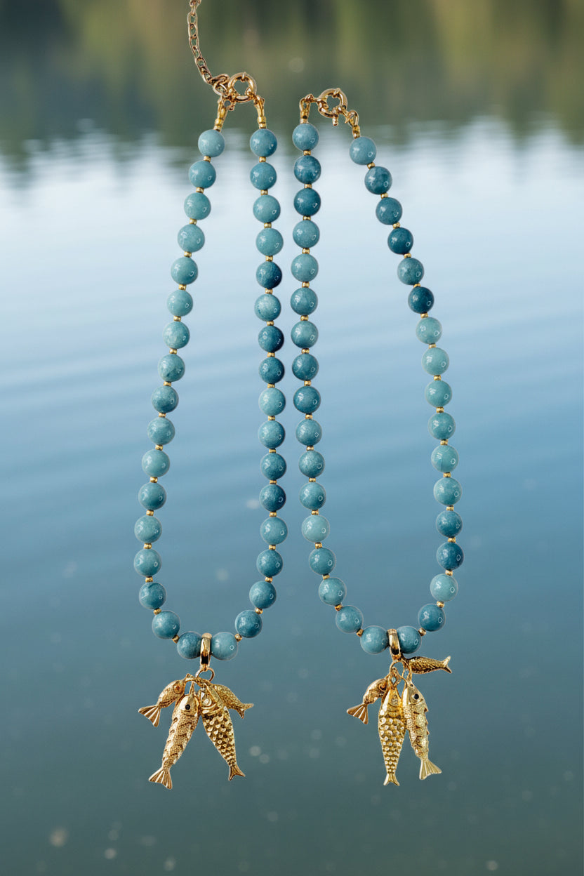 The Golden Catch Necklace: Sea blue Jade with Gold Fish Charms