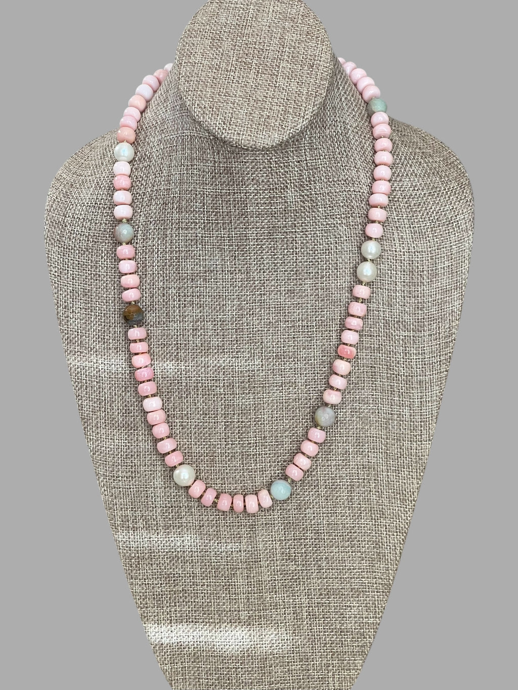 The Audrey Necklace: Natural pink opals hand knotted on pale green silk w Pearls and Amazonite