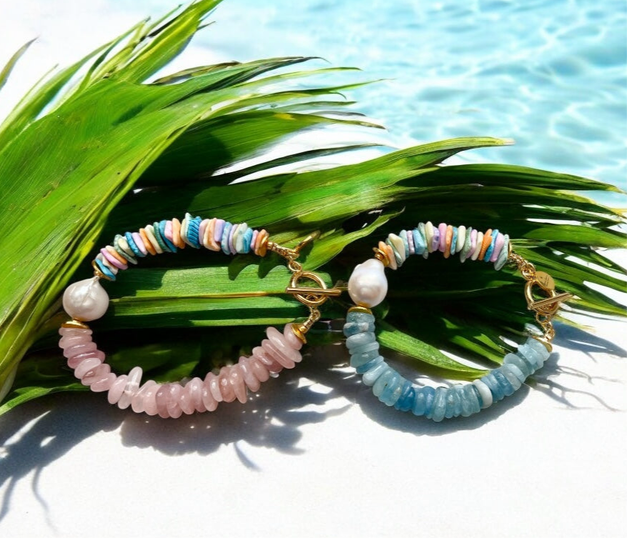 Chic Island Bracelets: Pastel dyed Puka shell, Flawless Baroque Pearl, Aquamarine OR Rose Quartz, Gold accents