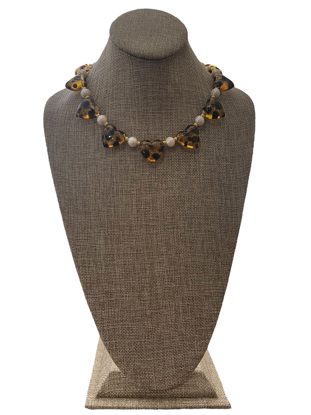Leopard Love Necklace: Acrylic Leopard Print hearts with gold glass accent beads and Freshwater Pearls Gold Pavé toggle clasp