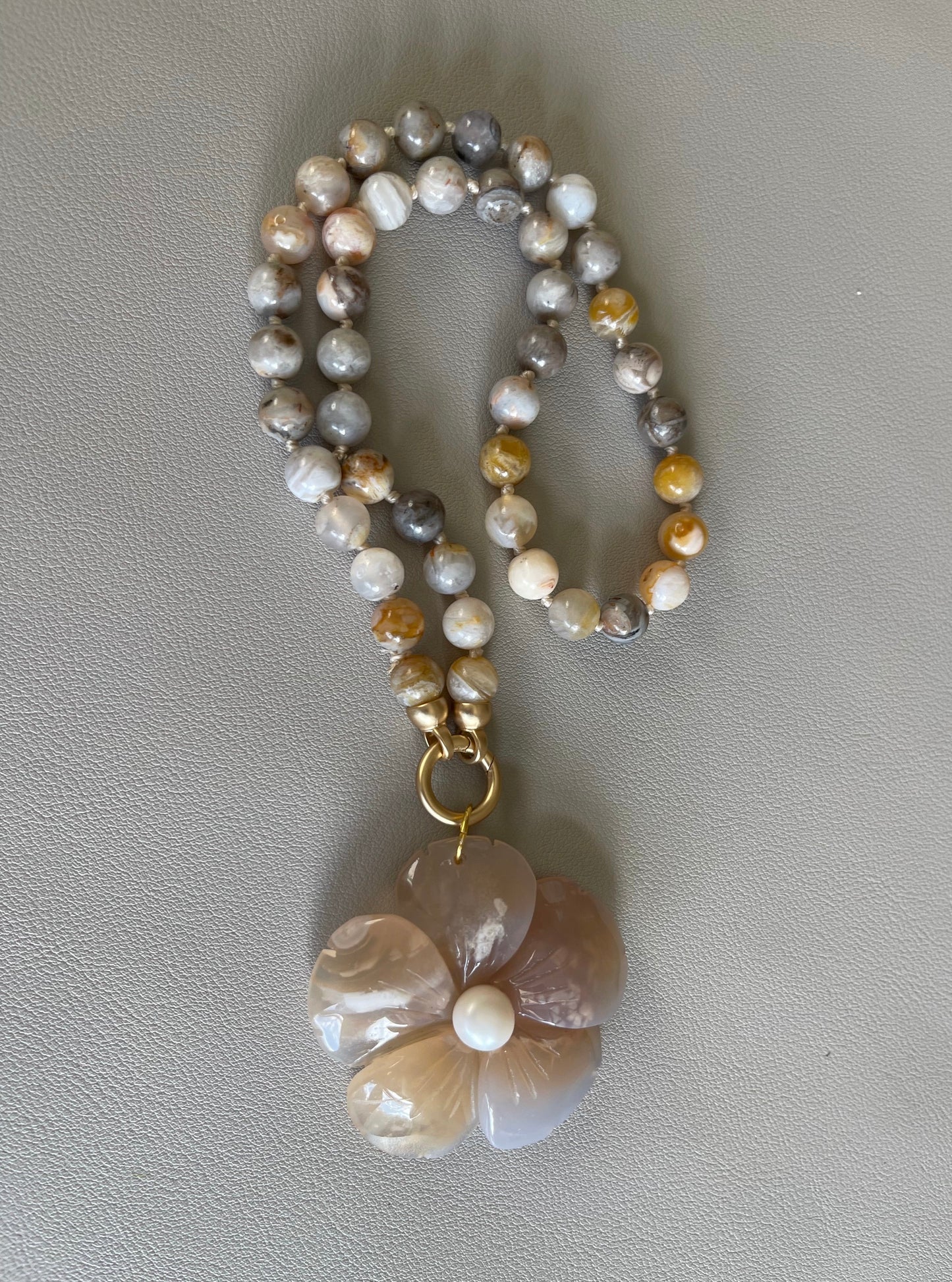 Waikiki Weekend Necklace: Bamboo Agate Hand Knotted w Flower Agate Hand Carved Pendant w Pearl