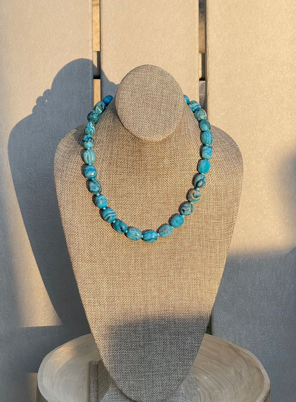 Cerulean Lace Necklace: Faceted Crazy Lace Agate with a deep gold luxe toggle clasp