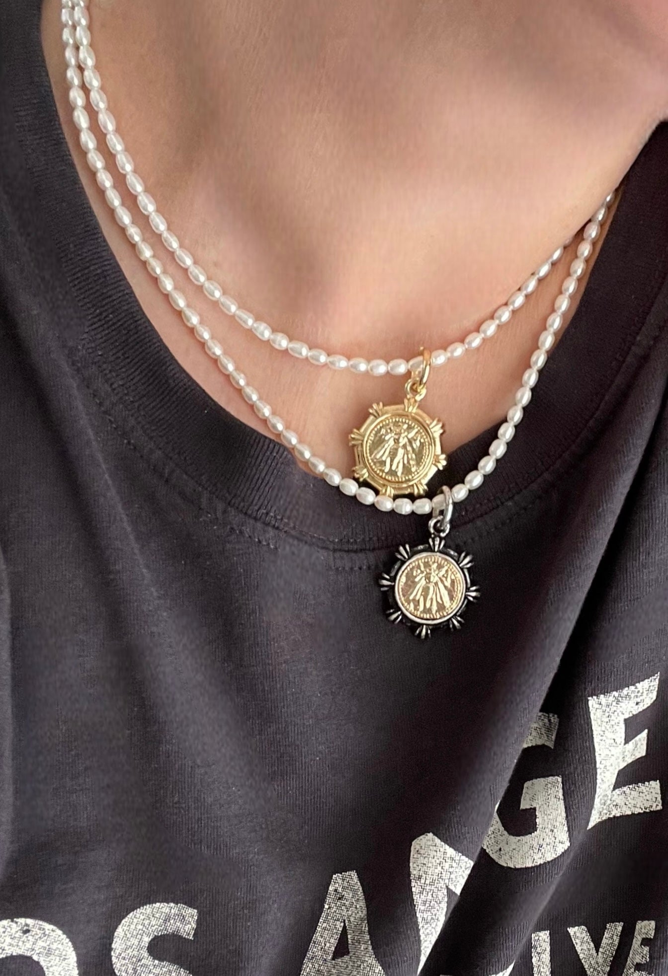 Bee Happy Necklace: Freshwater Pearls and a gold French bee coin replica pendant