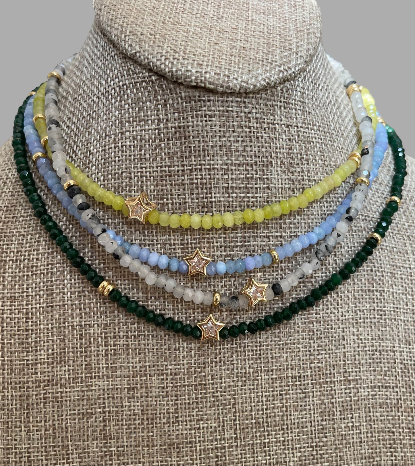 A Little Luxe Necklaces: Various natural stones in many colors, faceted, with a Bezel set Cubic Zirconia centerpiece