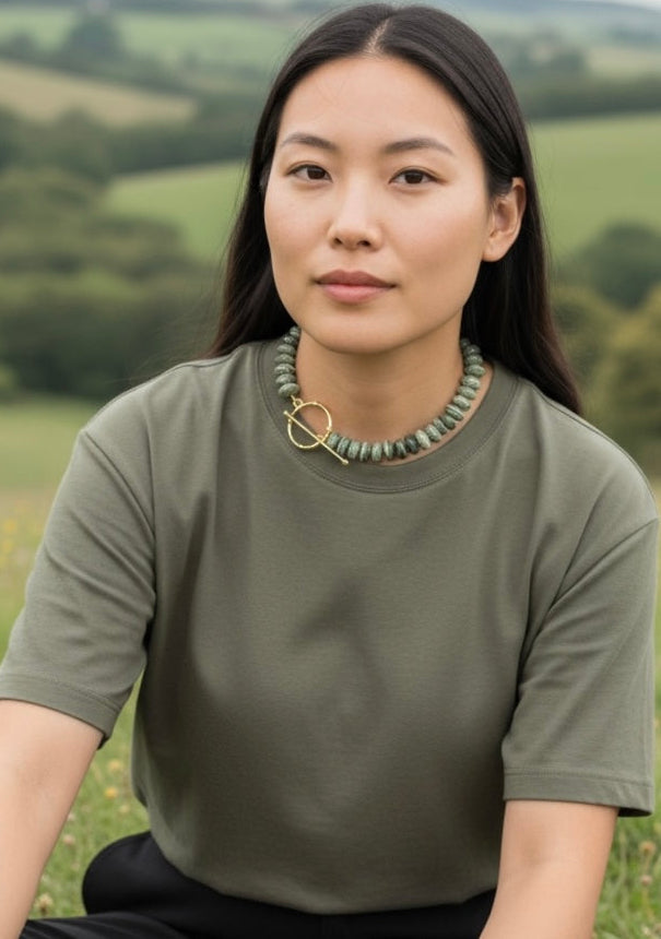 Brazilian Silver Leaf Serpentine Necklace: Stunning green gemstone beads•Oversized gold toggle clasp•OOAK