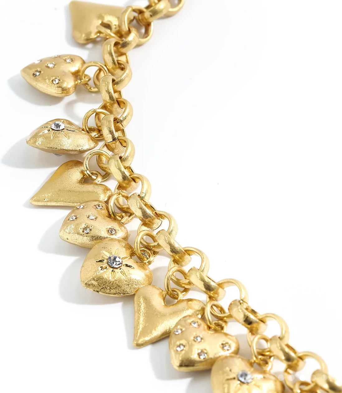 Hearty Charm Bracelet: Gold plated brass Rolo style bracelet with adorable heart charms